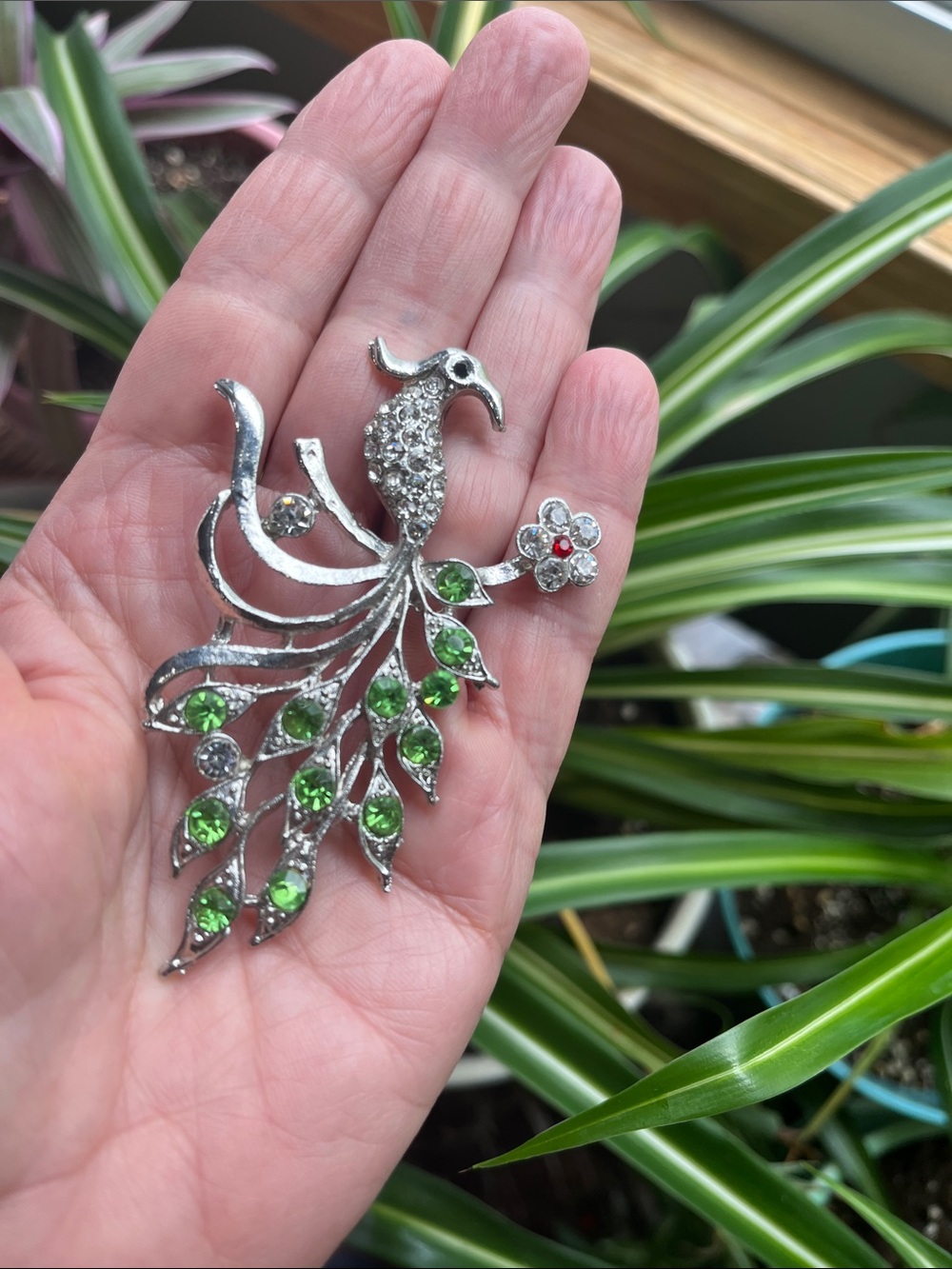 PEACOCK Pendant Silver Tone W/Green Rhinestone Tail Feathers 3.25”